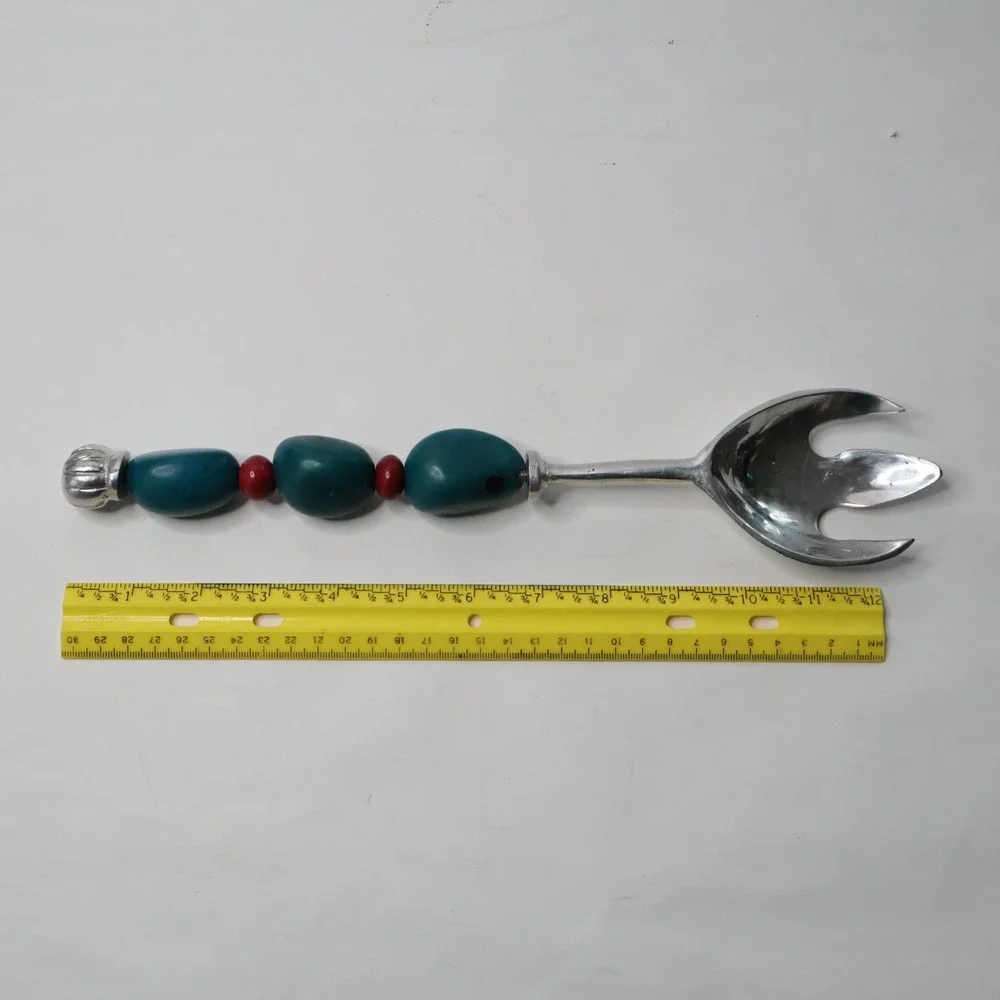 Southwestern Beaded Salad‎ Serving Fork Silver Tone Turquoise Coral Style Beads
